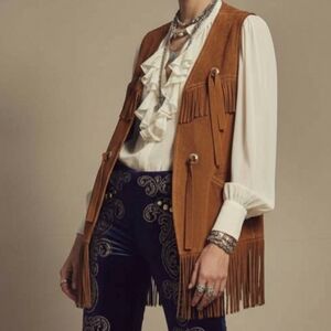 Vintage Leather Vest With Fringe Brown Bohemian Western Romantic 70s M - L